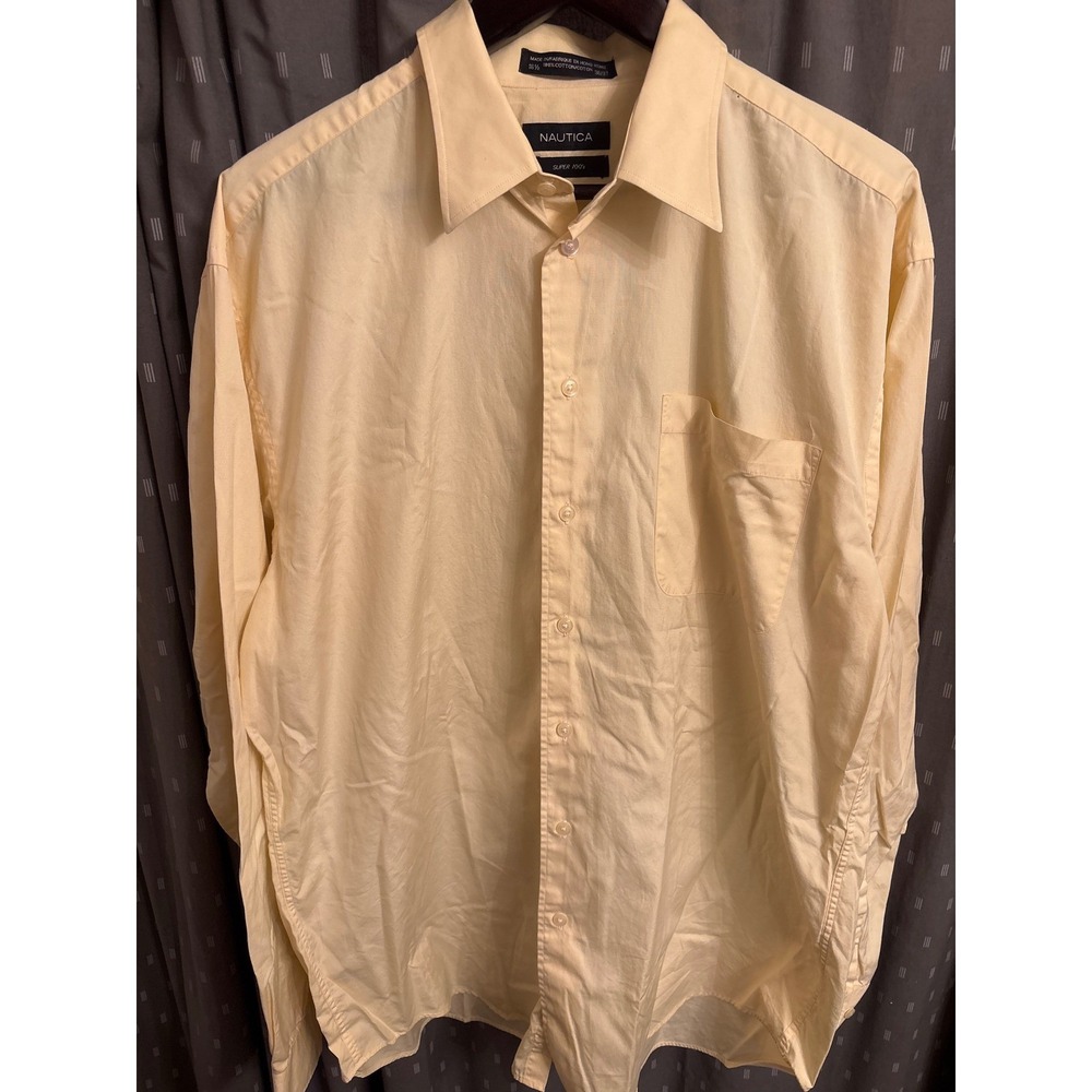 Nautica Mens Super 100s Cotton Dress Shirt Yellow Long Sleeve 16.5 36/37 Made HK